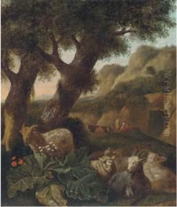 A Wooded Landscape With Sheep And Figures Resting by Abraham Jansz Begeyn
