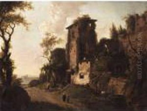 An Italianate Landscape With Figures And Their Donkies Resting Before Ruins by Abraham Jansz Begeyn