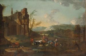 Drovers With Cattle And Sheep Fording A Stream With Ruins Beyond by Abraham Jansz Begeyn