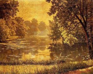 A Wooded River Landscape by Henri Biva