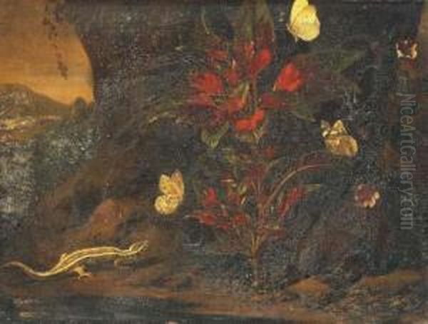 Lezard Et Papillons Au Pied D'un Arbre - view 1
