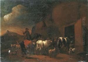 Shepherds Returning To The Stable With Their Cattle At Dusk by Abraham Jansz Begeyn