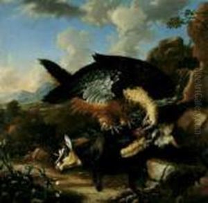 Gebirgslandschaft. Im Vordergrund Ein Adler Eine Gemse Reisend. by Abraham Jansz Begeyn