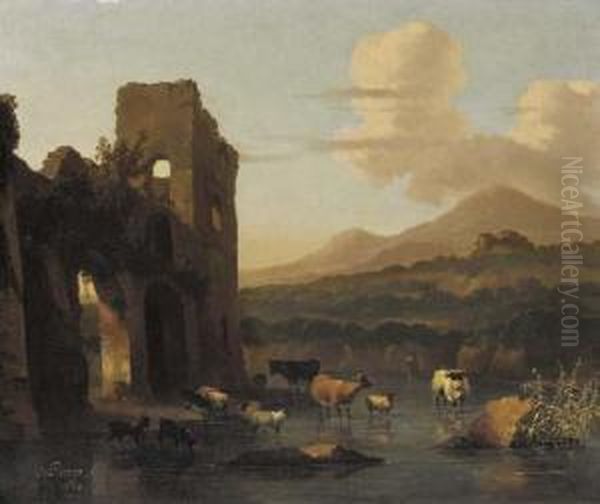An Italianate Landscape With Cattle Fording A Stream By A Ruin - view 1