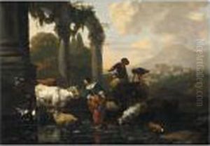 An Italianate Landscape With
Maids And A Herder Tending Their Sheep And Cattle At A Watering-hole by Abraham Jansz Begeyn