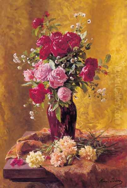 A vase of roses with carnations on a draped table - view 1