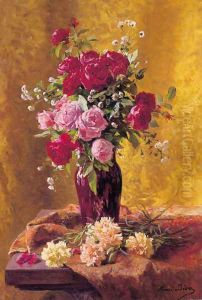 A vase of roses with carnations on a draped table by Henri Biva