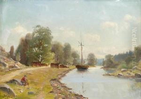 Flodlandskap Med Fiskare - view 1