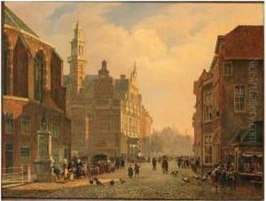 A View Of The Townhall, The Hague, With Numerous Figures In Astreet by Carel Jacobus Behr