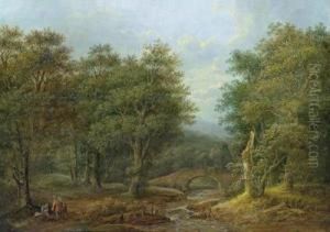 Paesaggio Boschivo Con Viandanti In Sosta Presso Un Ruscello by Joachim-Franz Beich