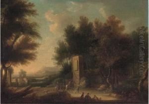 An Italianate Wooded Landscape With Travellers On Horseback On Atrack