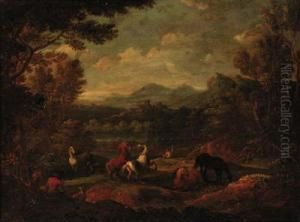 A Wooded Landscape With Horses Before A River A Wooded Landscape With Horses Before A River