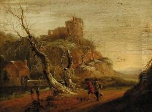 Sportsmen With Dogs On A Track, A Waterfall And Hilltop Ruinbeyond by Joachim-Franz Beich