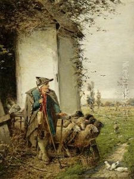 "am Morgen", Schafer Mit Seiner Herde Vor Dem Stall - view 1