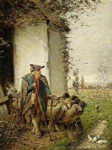 "am Morgen", Schafer Mit Seiner Herde Vor Dem Stall by Fritz Beinke