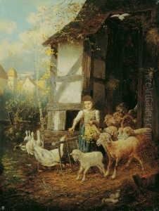 Auf Dem Bauernhof. Signiert Unten Links: F. Beinke. Ol Auf Leinwand. H 41; B 31,5 Cm. by Fritz Beinke