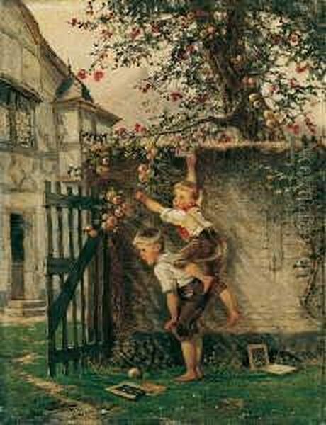 Die Apfeldiebe. Signiert Unten Links: F. Beinke. Ol Auf Leinwand. H 35; B 27 Cm. - view 1