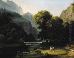 A wooded river landscape with Apollo and Mercury by Antoine-Felix Boisselier