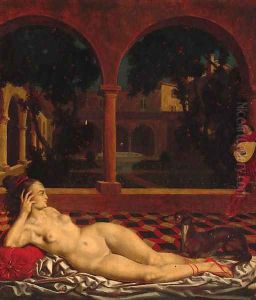 A reclining female nude in a cloister by Theodor Baierl