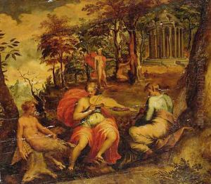 A landscape with scenes form the legend of Apollo and Marsyas by Jacopo Bertoia