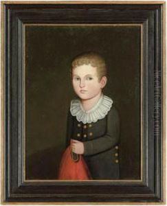 Portrait Of A Young Blond Boy In
A Buttoned Navy Blue Jacket And Ruffled Collar, Holding A Red
Drawstring Gunnysack Portrait Of A Young Blond Boy In
A Buttoned Navy Blue Jacket And Ruffled Collar, Holding A Red
Drawstring Gunnysack