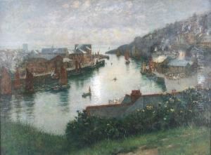 River Landscape With Boats At A Port, Houses And Figures, Possibly Cornwall