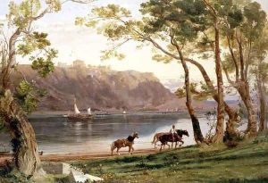 River landscape with barge horses, 1860 by Frederick Lee Bridell
