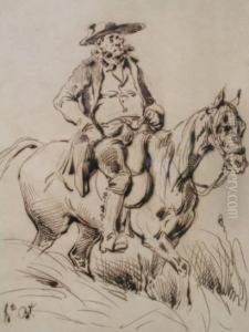 Homme A Cheval Plume Et Encre Brune.