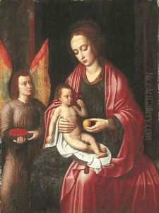 The Virgin and Child attended by an angel with a bowl of cherries by Ambrosius Benson