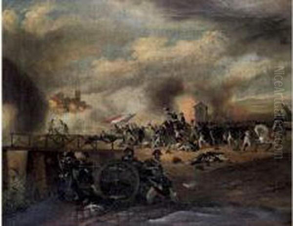 Au Premier Plan Des Canonniers 
Chargent Leur Canon Tout En Le Pointant Sur La Rive Opposee. A Droite Un
 Soldat Retient Par La Bride Le Coursier Blanc De Bonaparte, Tandis Que 
Celui-ci S'elance A L'avant Du Pont Jete Sur L'alpon En Brandissant Le 
D - view 1