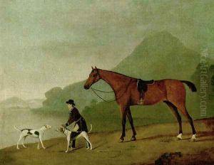 A saddled bay hunter with a groom and hounds, in a landscape