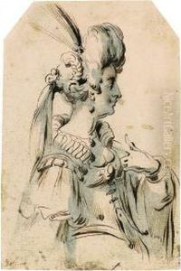 A Woman In Profile To The Right Wearing A Plumed Head-dress,bust-length