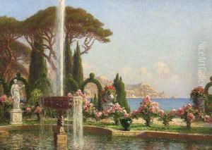 A Mediterranean View Past Classical Gardens &amp; Fountain