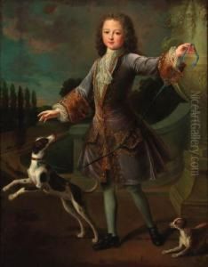 Portrait Of A Young Gentleman, 
Standing Full-length, In A Lilaccoat With Gold Embroidery And A Lace 
Cravat, With Two Dogs In Agarden