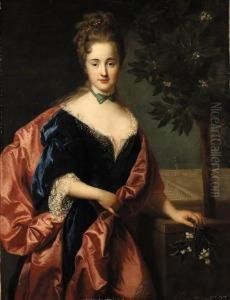 Portrait Of A Lady, Standing 
Three-quarter Length, Beside An Orangetree, Holding A Sprig Of Orange 
Blossom, A Formal Gardenbeyond
