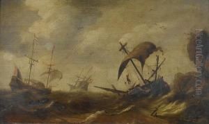 Dutch Shipping Foundering In Stormy Seas Off A Rocky Coastline by Jacob Adriaensz. Bellevois