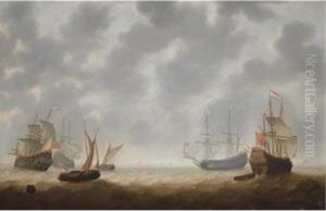 Four Galley Frigates And Two Smallships In Choppy Seas, Shipping Atthe Horizon by Jacob Adriaensz. Bellevois