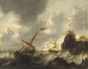 Sailing Vessels In Distress Near A Rocky Coast
