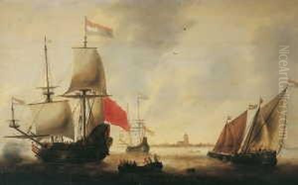 Reede Vor Veere (oder 
Dordrecht?) Ankernden Fregatte Gerudert. Die Fregatte Lost Zur Begrusung
 Des Flottenfuhrers Einen Salutschus. Rechts Eine Mit Seeleuten Und 
Material Beladene Sprietgetakelte Kaag. Etwas Weiter Im Hintergrund Eine
 Fleute. - view 1