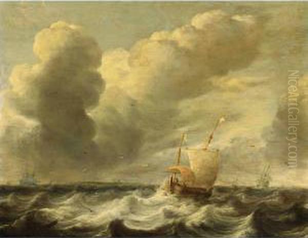 A Dutch Hoeker In Stormy Waters With Other Sailing Vessels In The Background - view 1