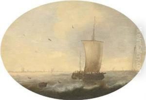 Shipping In A Stiff Breeze, A Coastline With A Town Beyond, In A Painted Oval by Jacob Adriaensz. Bellevois