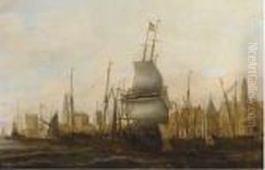 Three Masters And Other Vessels Moored At A Quay by Jacob Adriaensz. Bellevois