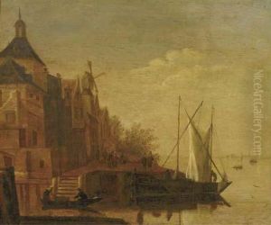 A River Landscape With Boats Moored At A Townside by Jacob Adriaensz. Bellevois