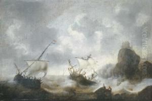 A Coastal Landscape With Frigates Off The Coast In A Storm by Jacob Adriaensz. Bellevois