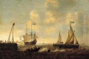 Smallships, A Threemaster And A 
Pink On A River By A Jetty In A Stiff Breeze, A Town In The Distance