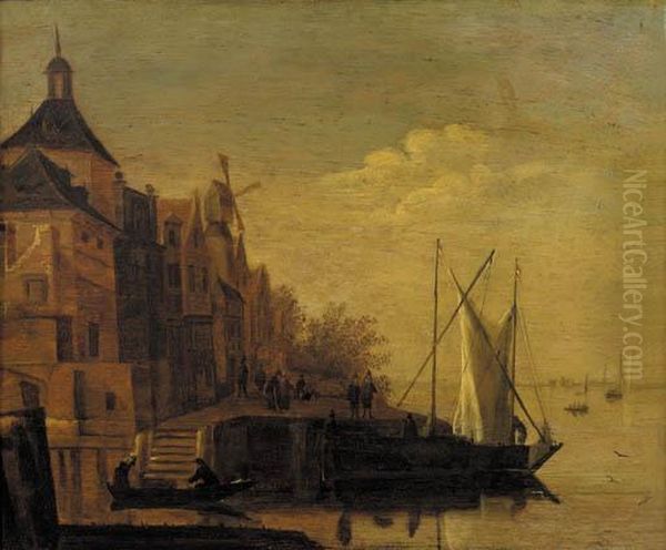 A Town By A River With Sailing Vessels Moored At A Quay, At Dusk - view 1
