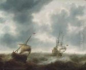 A Dutch Merchantman, A Pink And Other Shipping In Rough Seas by Jacob Adriaensz. Bellevois