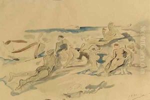 Sunbathers on the beach by Harry Bloomfield