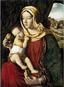 Madonna And Child Seated Before A Curtain, A Landscape Beyond