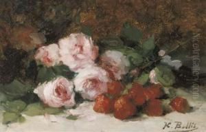 Strawberries And Pink Roses On A Ledge